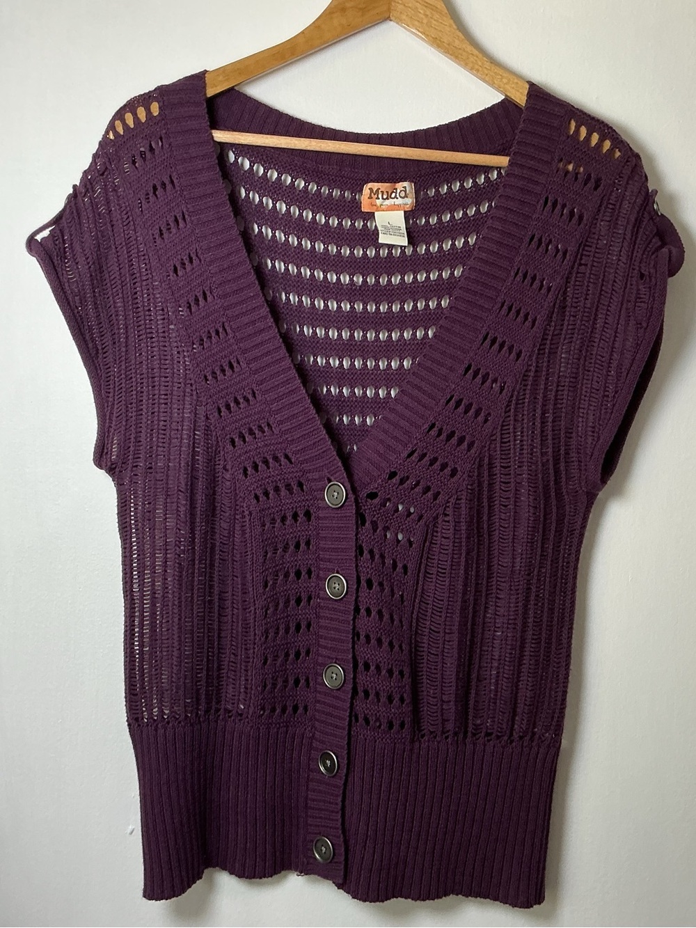 Mudd Vintage Y2K Crochet Knit Cardigan Vest L Purple Open Stitch Button Front